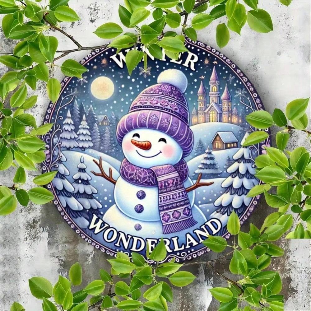 

Charming Purple Snowman Wreath Metal Wall Decor, 8x8 Inch Round Sign For Halloween Christmas Home, Festive Indoor Outdoor Hanging 20x20