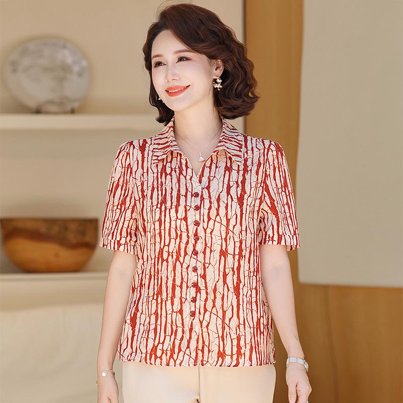 

Stylish Printed Short-Sleeve Summer Blouse for Middle-Aged and Elderly Women - Loose, Belly-Concealing Top XL (recommended 85-100 jin) красный
