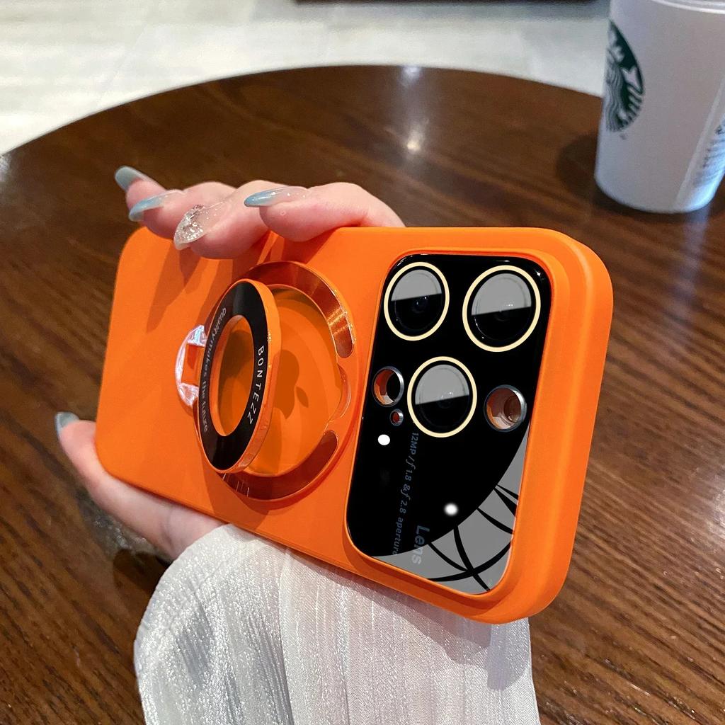 Slim Matte PC Bracket Case For iPhone 15 14 13 12 11 Pro Max 14 Plus For Magsafe Stand Holder Glass Lens Protector Luxury Cover