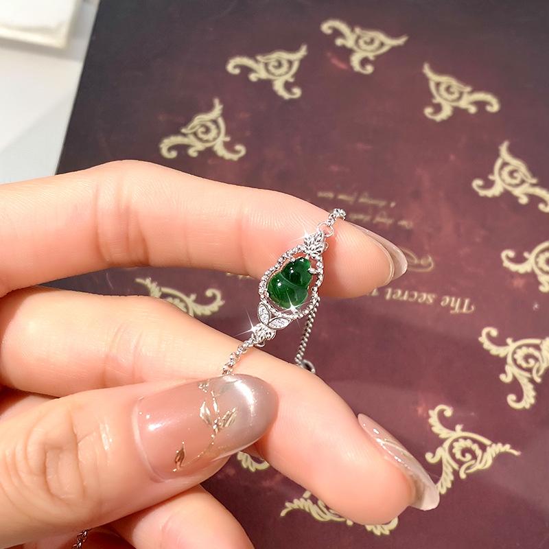 Women 925 Sterling Silver Bracelet Natural Jadeite Gourd Bangle New Chinese Style Jewelry