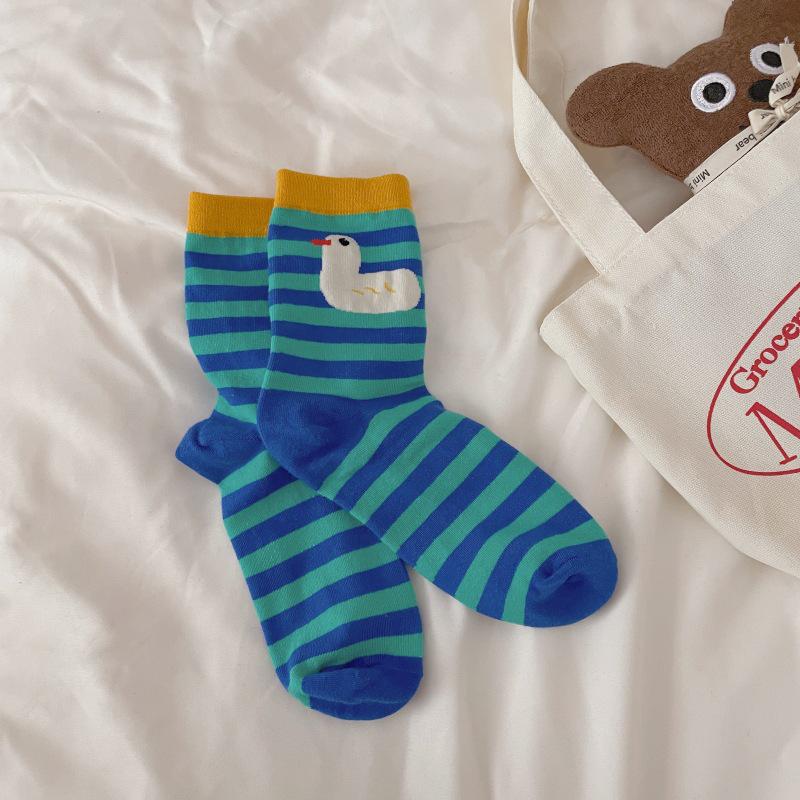 

Japanese-Style Mid-Calf Cartoon Embroidery Cotton Socks with Cute Stripes and Slouch Design One Size