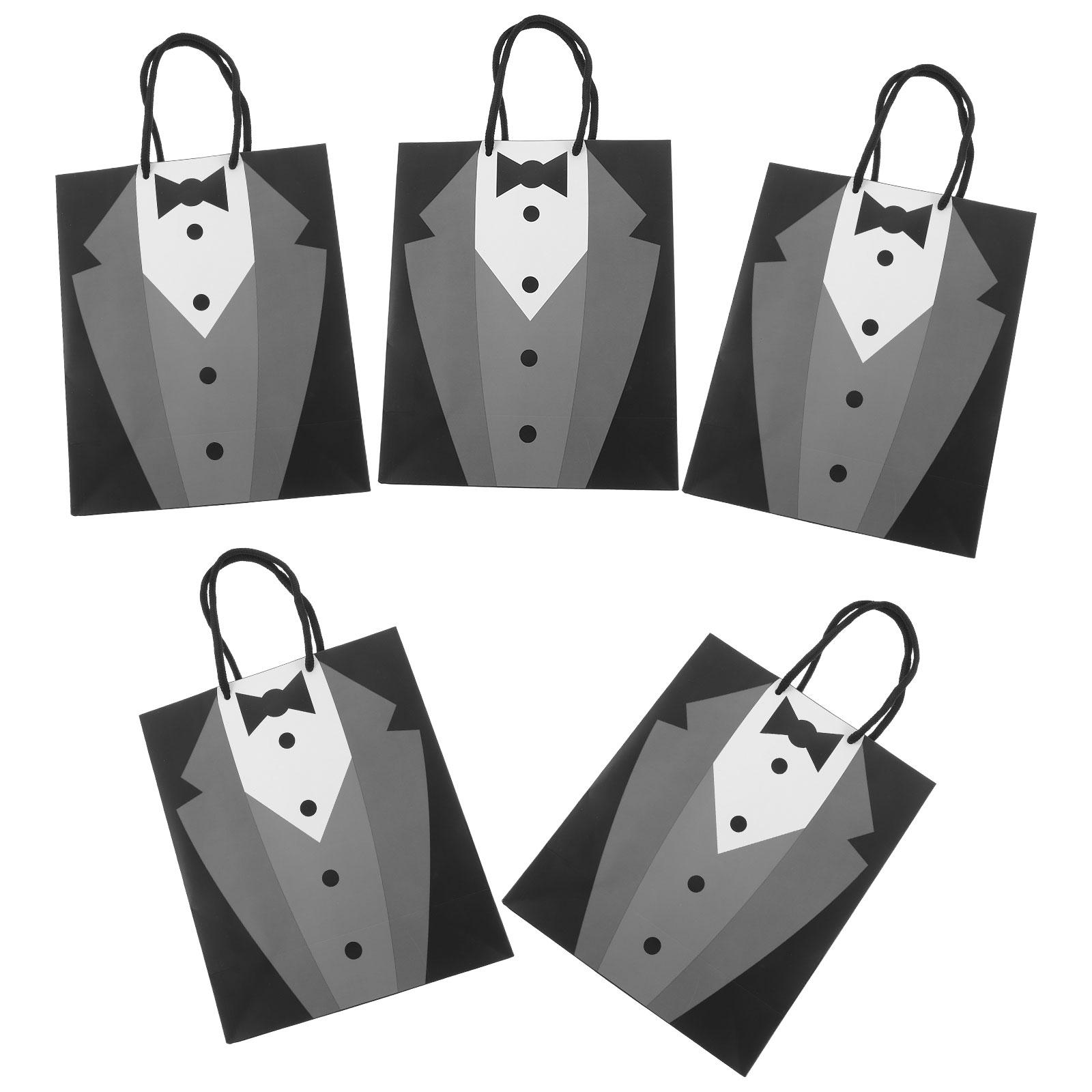 

5 Pcs White Handled Paper Bags Shopping Wrapping Gift Tote Black Tuxedo Creative Bridegroom