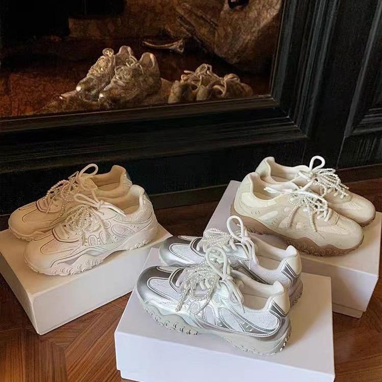 

Inner heightening women s shoes summer new lace pearl thick-soled heightening casual sports shoes 40