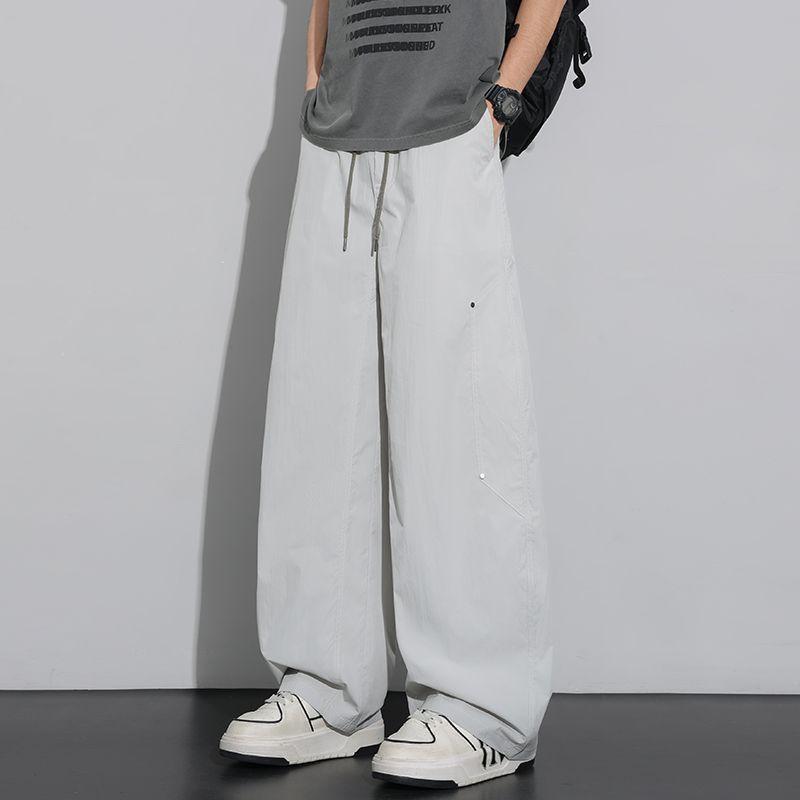 Summer new scimitar splicing loose moss green straight wide-leg casual pants men's very light pants