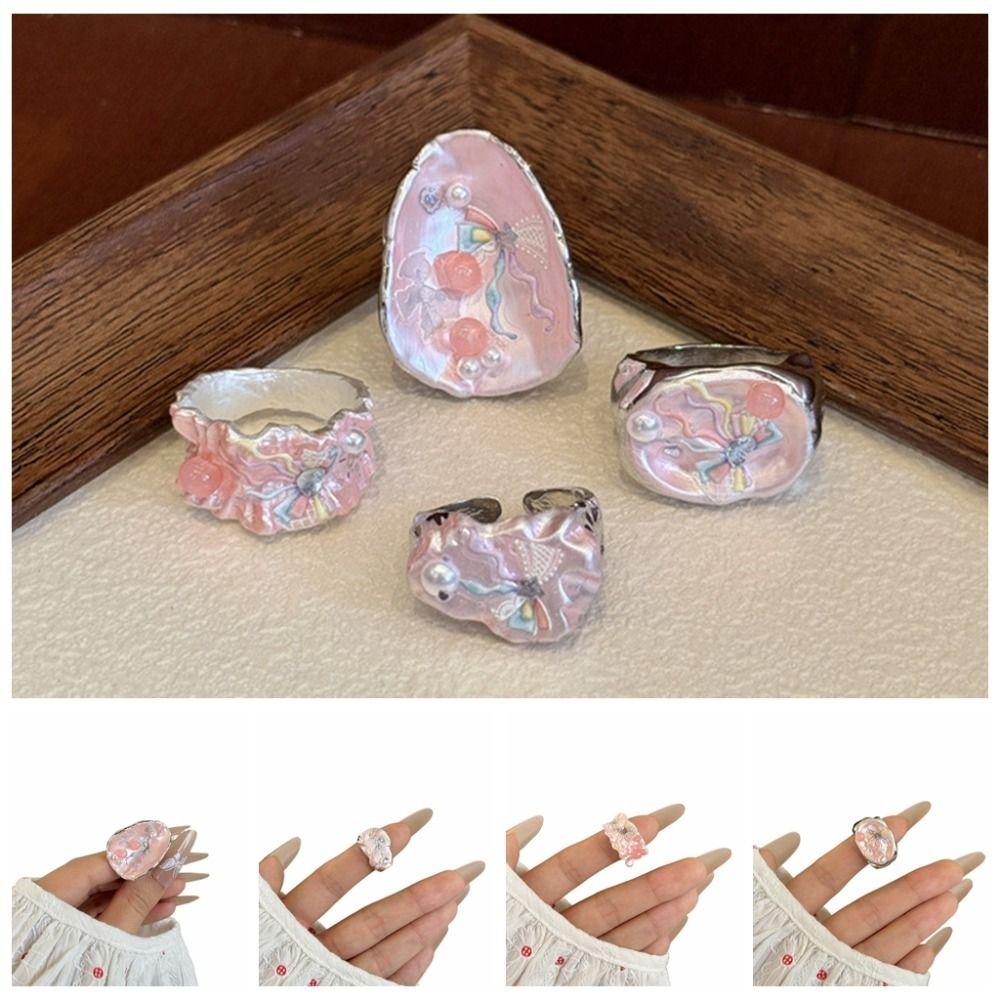 Adjustable Enamel Drip Oil Ring Cartoon Flower Cuff Ring Pink Opening Ring  Festival Ornaments