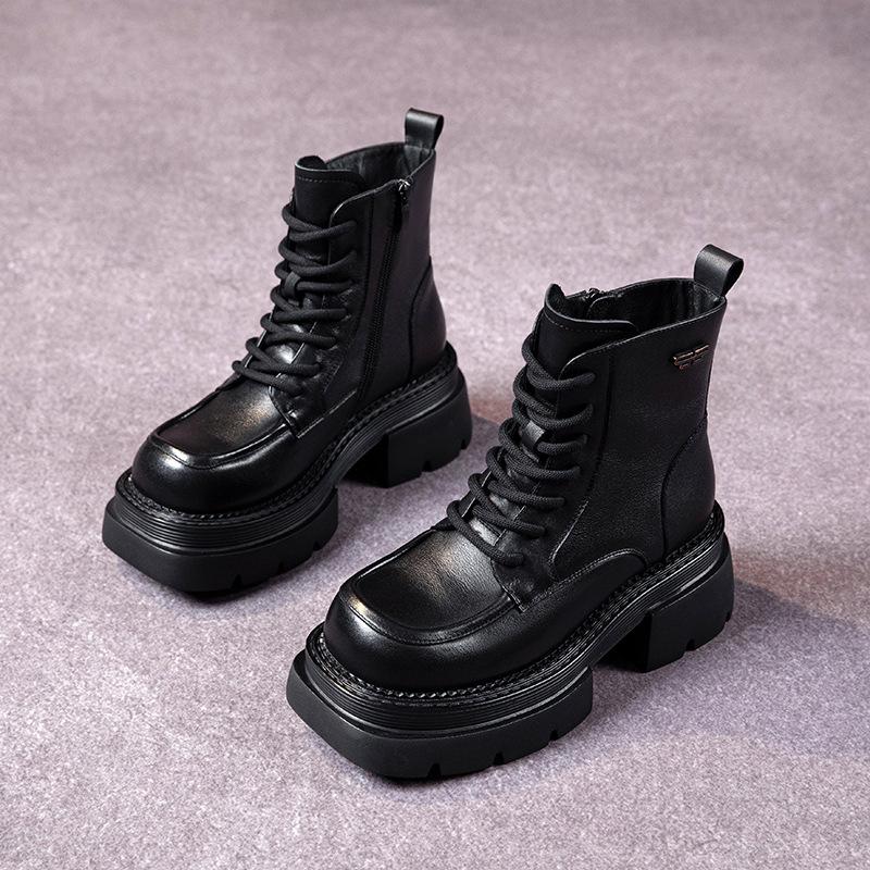 The First Layer of Cowhide Martin Boots for Women In the Autumn and Winter of 2025, the New Retro Lace-up Leather Thick-soled Muffin Leather Boots for