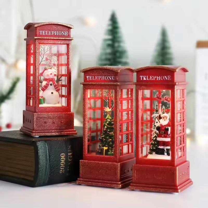 Christmas Phone Booth Decoration with Santa Claus, Snowman & Tree - Red Retro Telephone Booth Ornament With Light Home Decorator