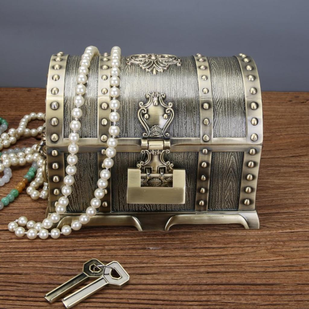 KOGB Antique Treasure Retro Chinese with Large Jewelry Treasure Small Item Pirate Treasure Desktop Perfect for Events and Gifts Chest, Alloy, Style,