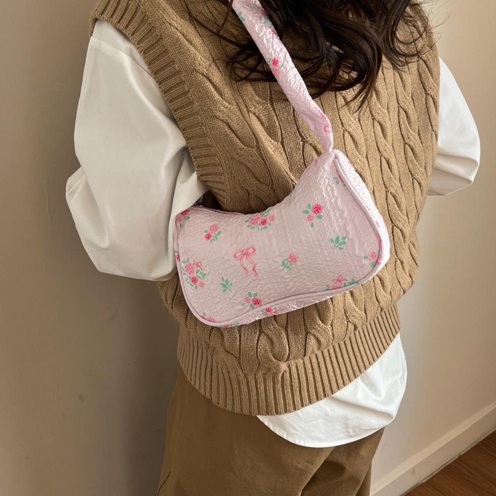 Casual Floral Print Shoulder Bag Pleated Ruffled Handle Bow Armpit Bag Canvas Drawstring Underarm Bag