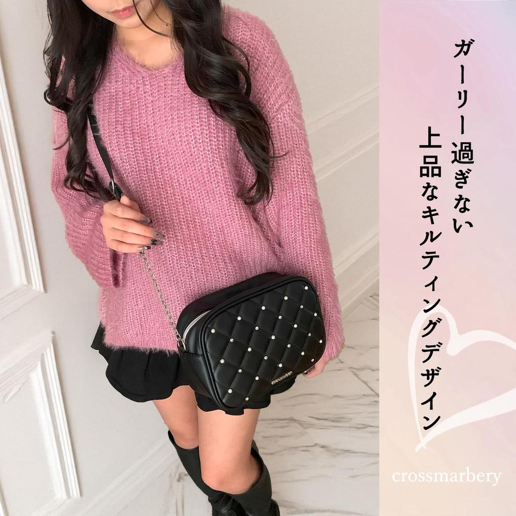 Crossmarberry Women's Quilted Shoulder Bag, Stylish, Crossbody, Beaded, Black, Small, Cute, Mass-Produced, Harajuku, Lolita Style, Dark and Cute, R77