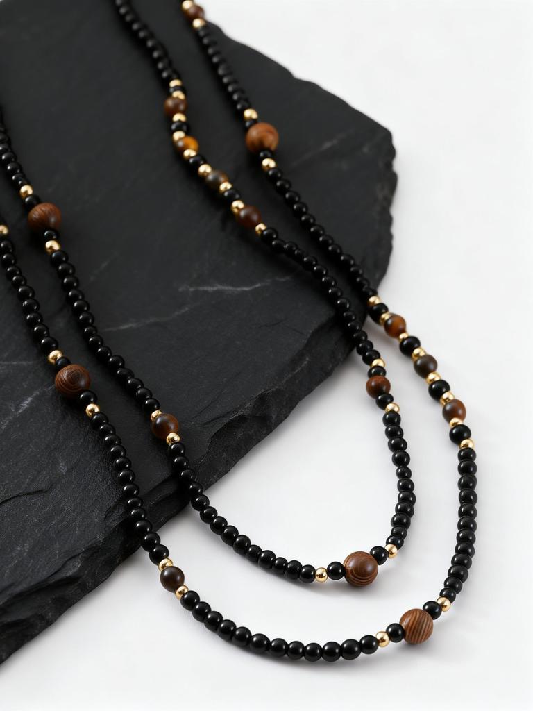 Ethnic Men's Black Natural Stone Long Chain Necklace,Vintage Two-layers Beaded Collars,Jewelry Gift for Huasband Dad Him