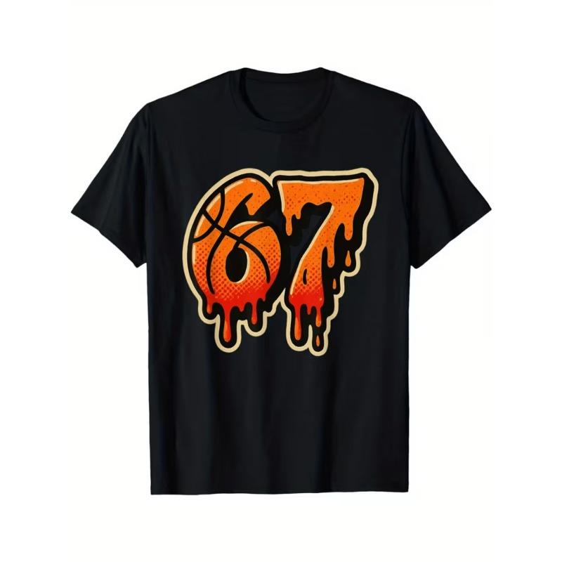 

Men S Round Neck Short-Sleeve T-Shirt Featuring The Number 67 And a Trendy Drip Design, for Street Sports Style, Suitable for Everyday Wear S чёрный