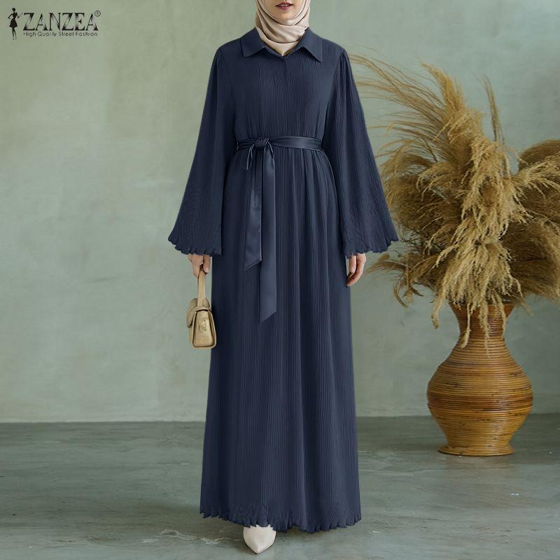 ZANZEA Women Turn Down Collar Loose Casual Long Sleeve Pleated Long Dress