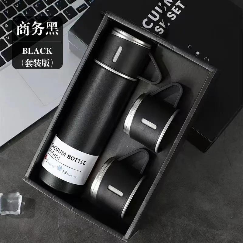 500ml One Cup Three Lid Stainless Steel Insulated Bottle Business 304 Large Capacity Thermos High End Gift Box Set Water Cup