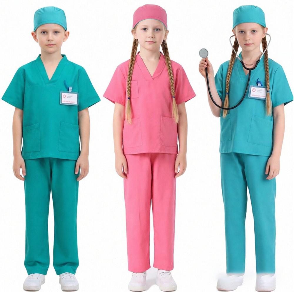 6pcs Doctor Cosplay Costume Nurse Uniform Surgical Short Sleeve Top Pant Hat Mask Stethoscope Mardi Gras Halloween Role Play Set