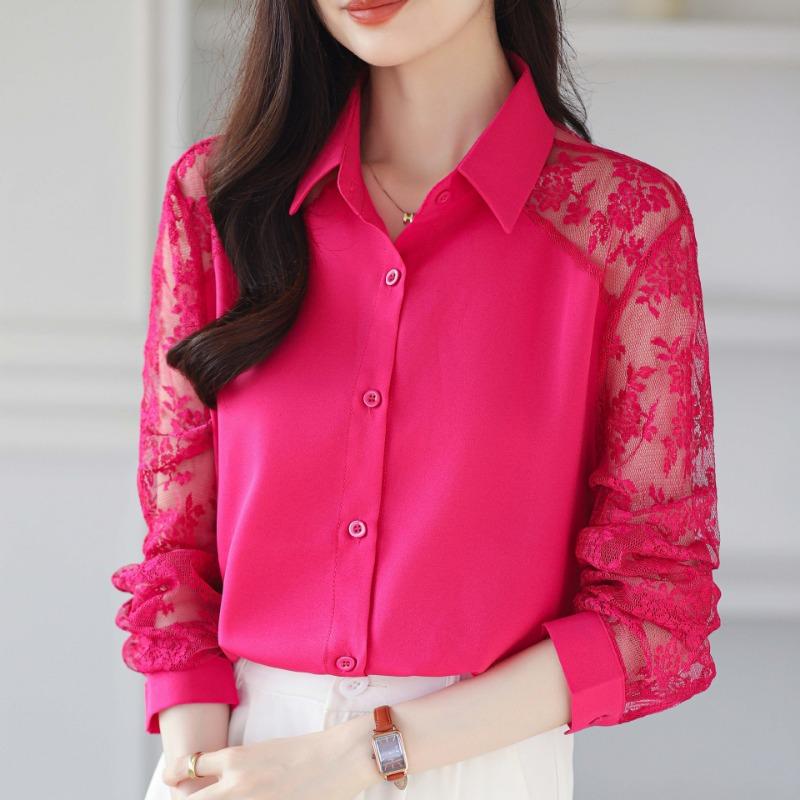 Western Style Women's Collar Lace Patchwork Chiffon Shirt Top Cardigan Shirt