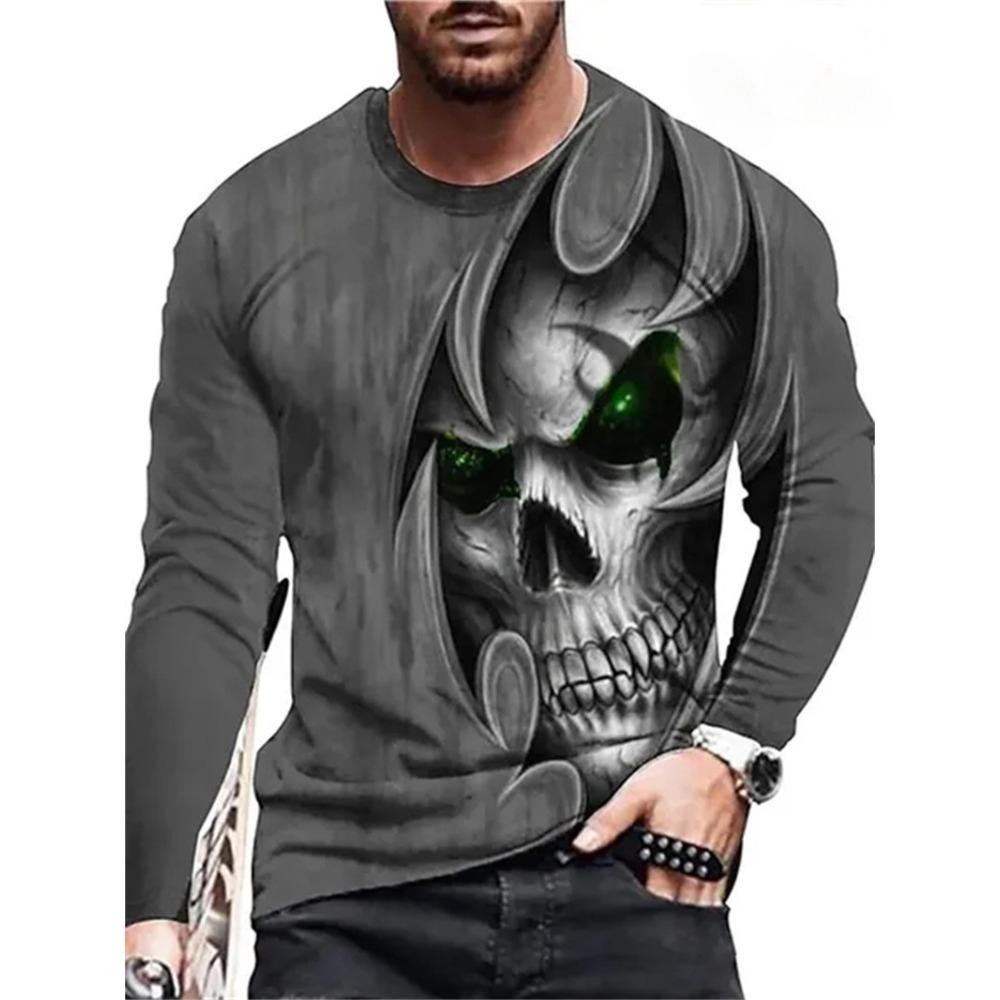 Skeleton 3D Digital Printed Men's Street Trendy Round Neck Long Sleeve T-shirt