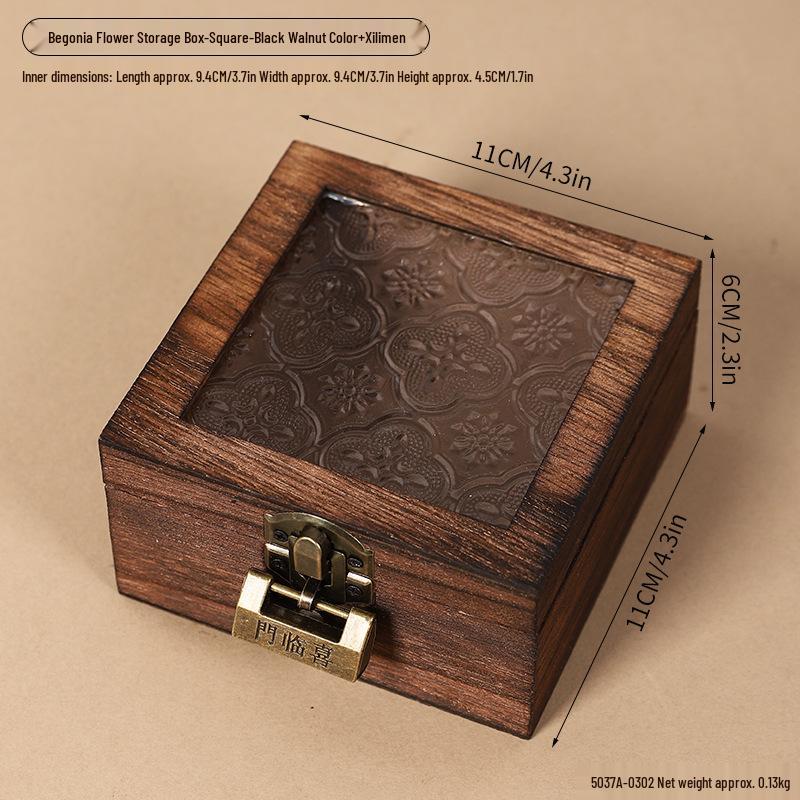 Retro Begonia Glass Lid Wooden Storage Box for Cosmetics, Snacks, Candy, and Documents - Dustproof and Multifunctional