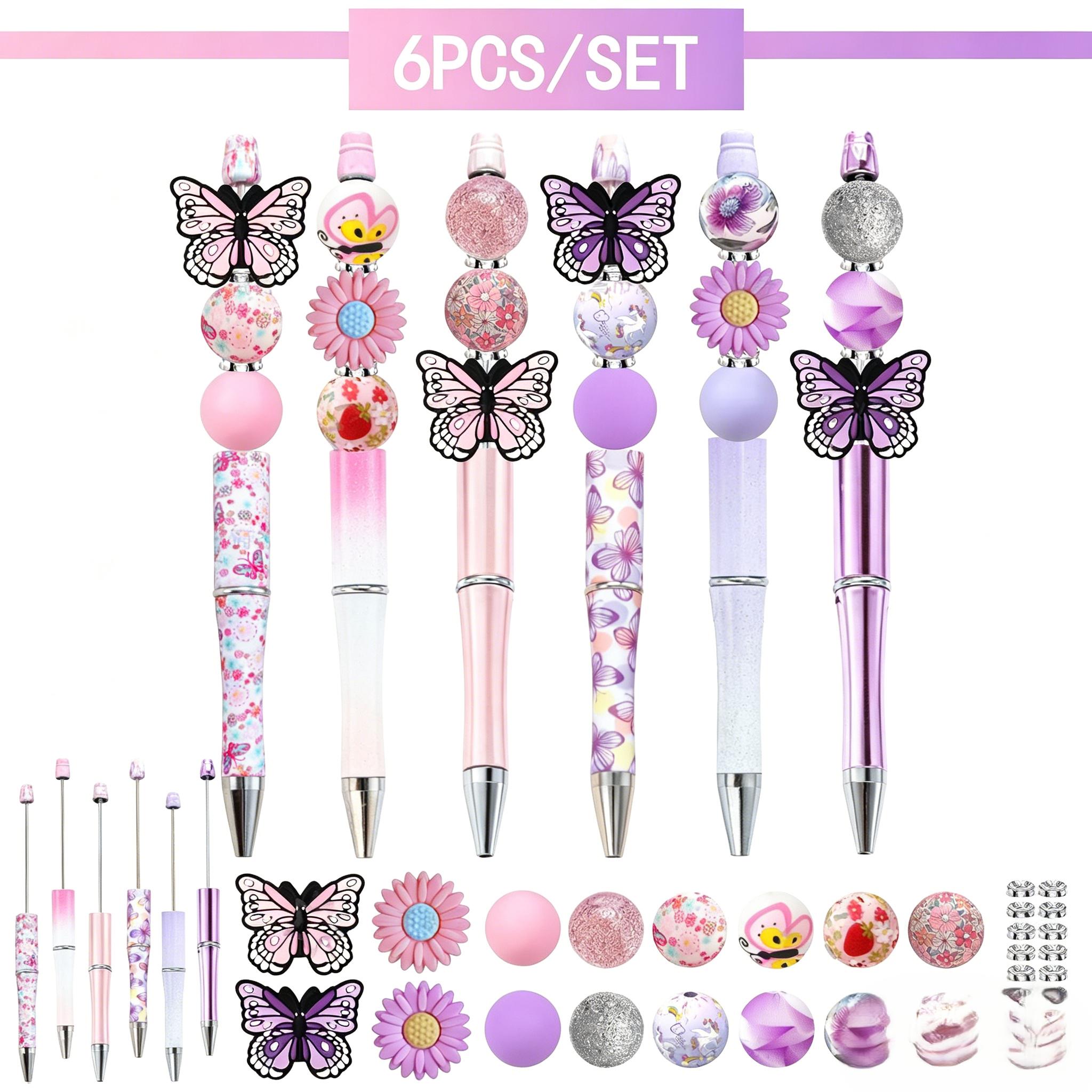 Popular Creative Office Stationery 6PCS Spring Colorful Butterfly Silicone Beads DIY Beaded Pen Set