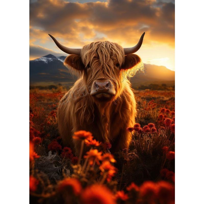Scottish Highland Cow In Flowers Portrait Cute Wild Animals Poster Canvas Painting Wall Art Pictures Home Farmhouse Decor Gift