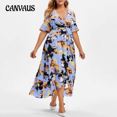 Summer Women's Dress V-neck Short Sleeve Large Size Casual Bohemian Print Irregular Dress Fishtail Skirt