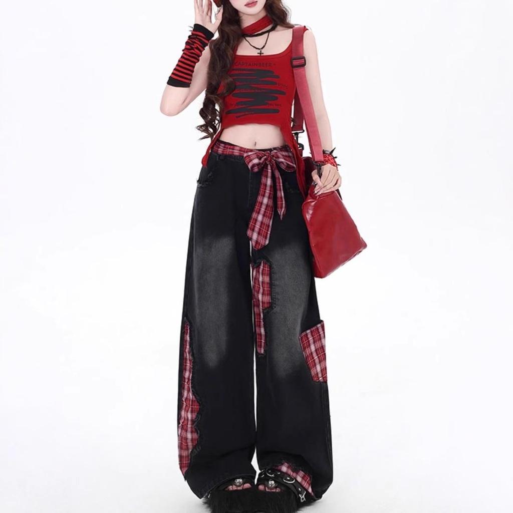 Red Plaid Patchwork High Waist Wide Leg Jeans - Women's Loose Straight-Leg Floor-Length Pants 2025