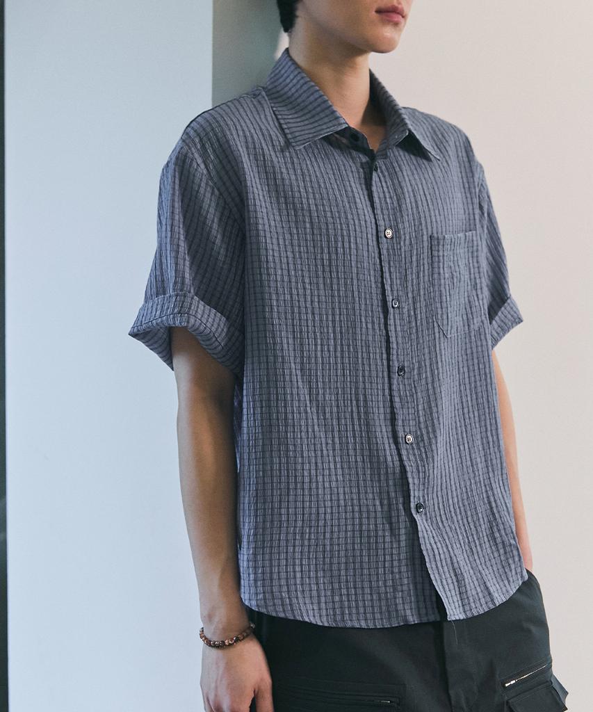 Beullusseonpeullawo Crinkle Check Short Sleeve Shirt [Blue]