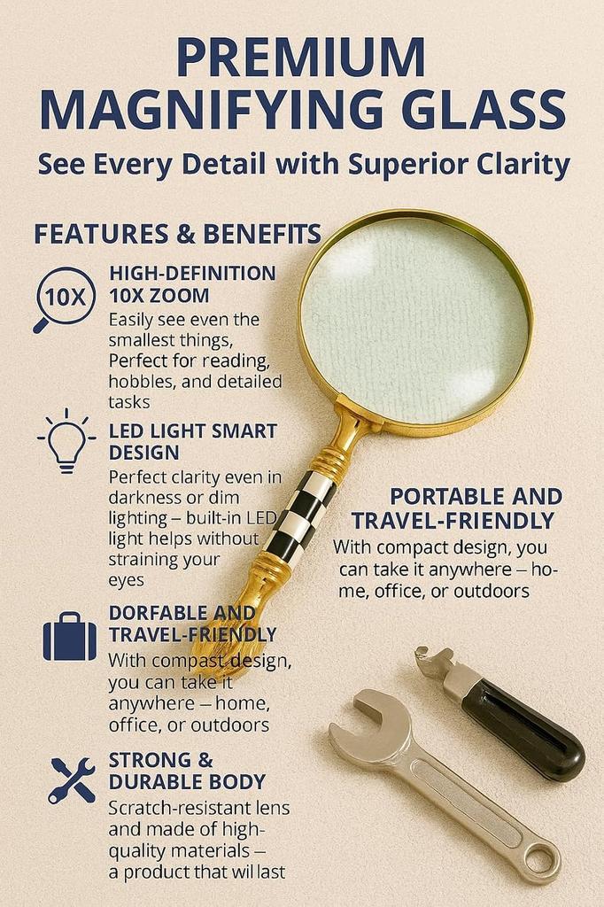 Beautiful Vintage Magnifying Glass Solid Brass Metal with Mother of Pearl Plated Handle | Book Reading, Map Design, Office & School Work