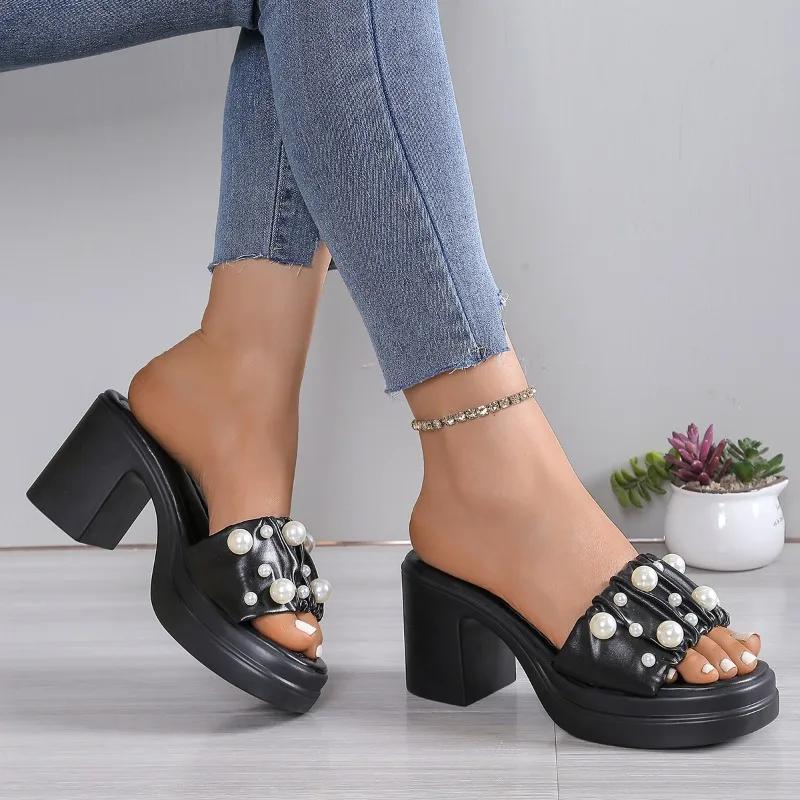 

Туфли Женские 2025 Новые С Открытым Носком Женские Шлепанцы С Бусинами На Шнурках Платье Шлепанцы Женские Летние Уличные Бестселлер Высокие Каблуки 40 чёрный