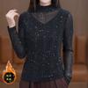 Plush Long-sleeved Mesh Bottoming Shirt for Women Slim-fitting Stand-up Collar Top Hollow Sexy Top V-neck Pullover