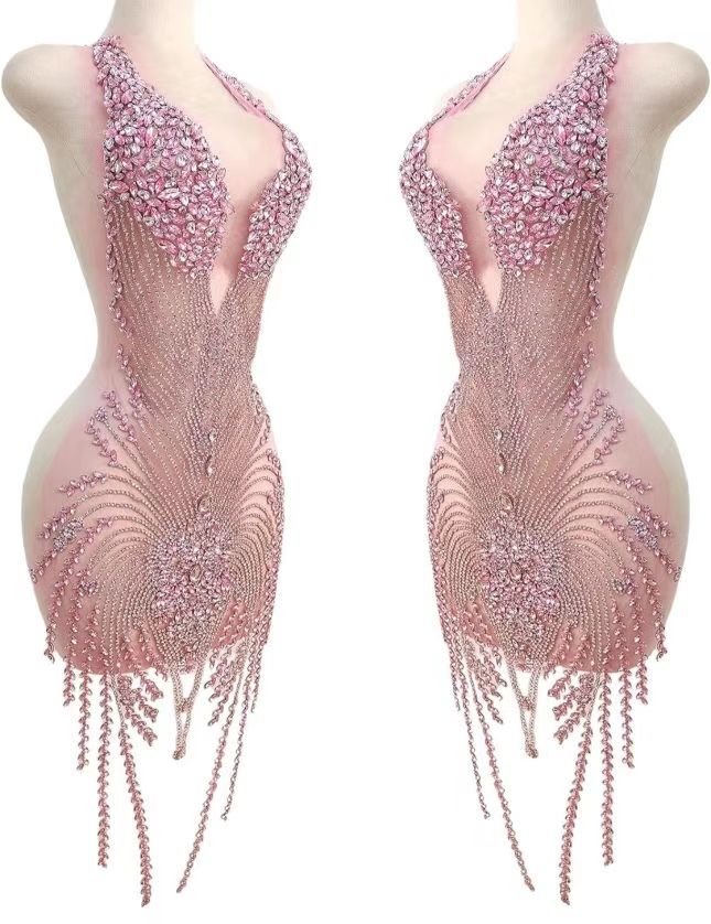 Pink  Fashion Women Good Quality Handmade Beaded Crystal Rhinestone Patch Bodice Dress Body Applique for Prom Party Dress as picture розовый
