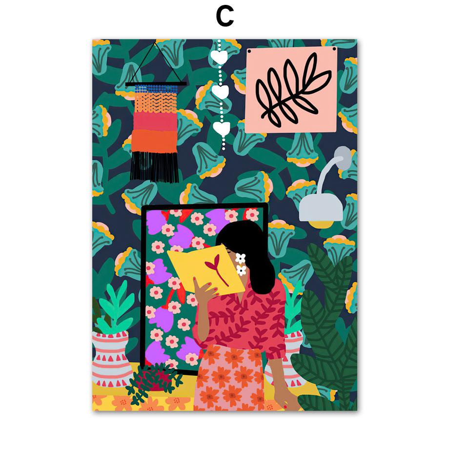 Böhmischen Stil Abstrakte Mädchen Blume Pflanze Nordic Vintage Poster Wand Kunst Drucke Leinwand Malerei Dekor Bilder Für Wohnzimmer