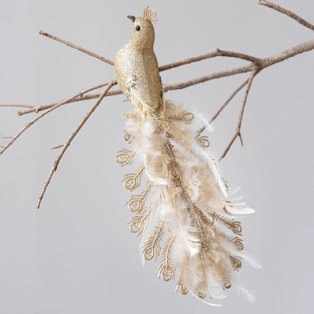 Realistische Pfau-Ornament mit golden glitzernden Federn für Weihnachtsbaum-, Heim- und Gartendekorationen