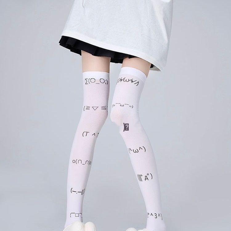 Subculture Soft Girl Emoticon Velvet Thigh-High Socks - Anime Cosplay Over-the-Knee Style