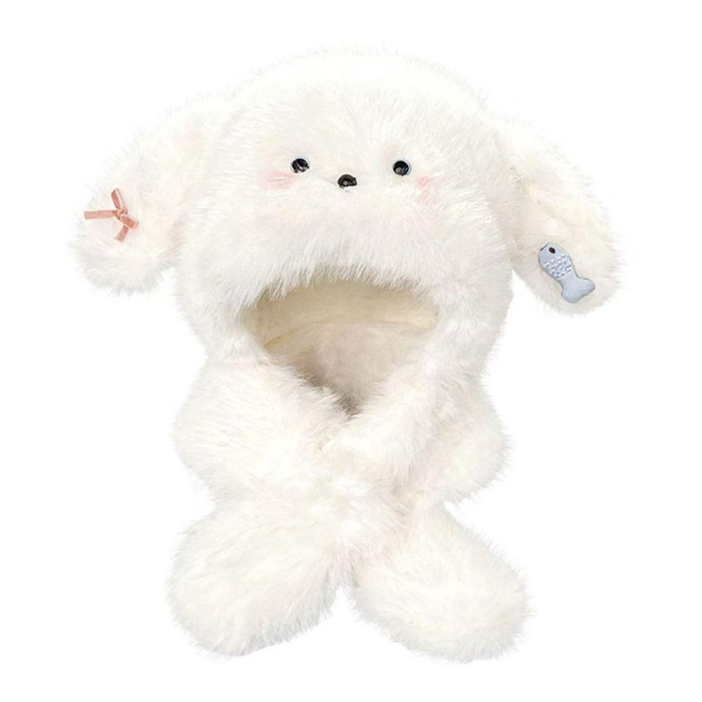Korean Style Dog Hooded Scarf Cute Plush Pullover Hats Fashion Ear Protection Hat  Hiking
