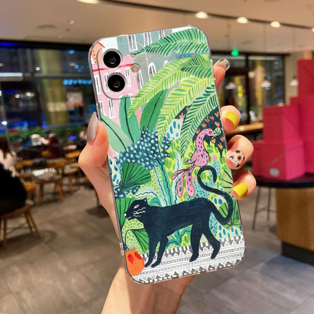 Tropical Jungle Print Leopard Sloth Clear Phone Case For iPhone 15 14 11 12 13 Pro Max Mini XS XR 8 7 Plus Back Cover Soft Cases