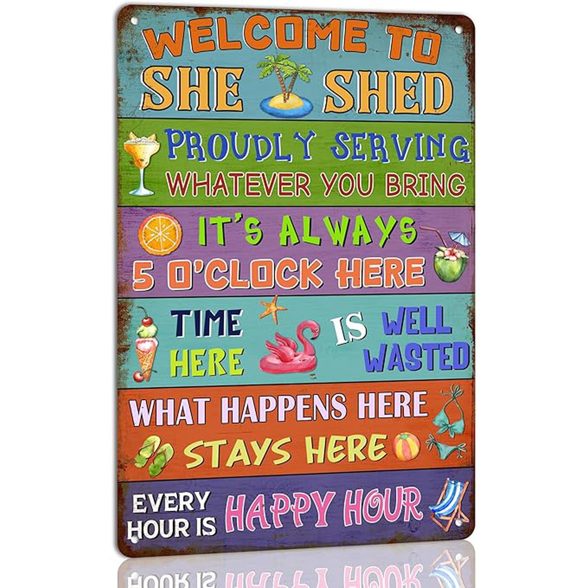 

Pewter Metal Tin Sign Welcome to Her Shed Vintage BeachThemed Wall Art with Colorful Tropical Drink Flamingo Illustratio 20x30cm（7.8x11.8inch）