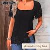 JPNTKY Women's Fashion Casual Solid Color Print Short Sleeve Square Collar Blouses & Shirts