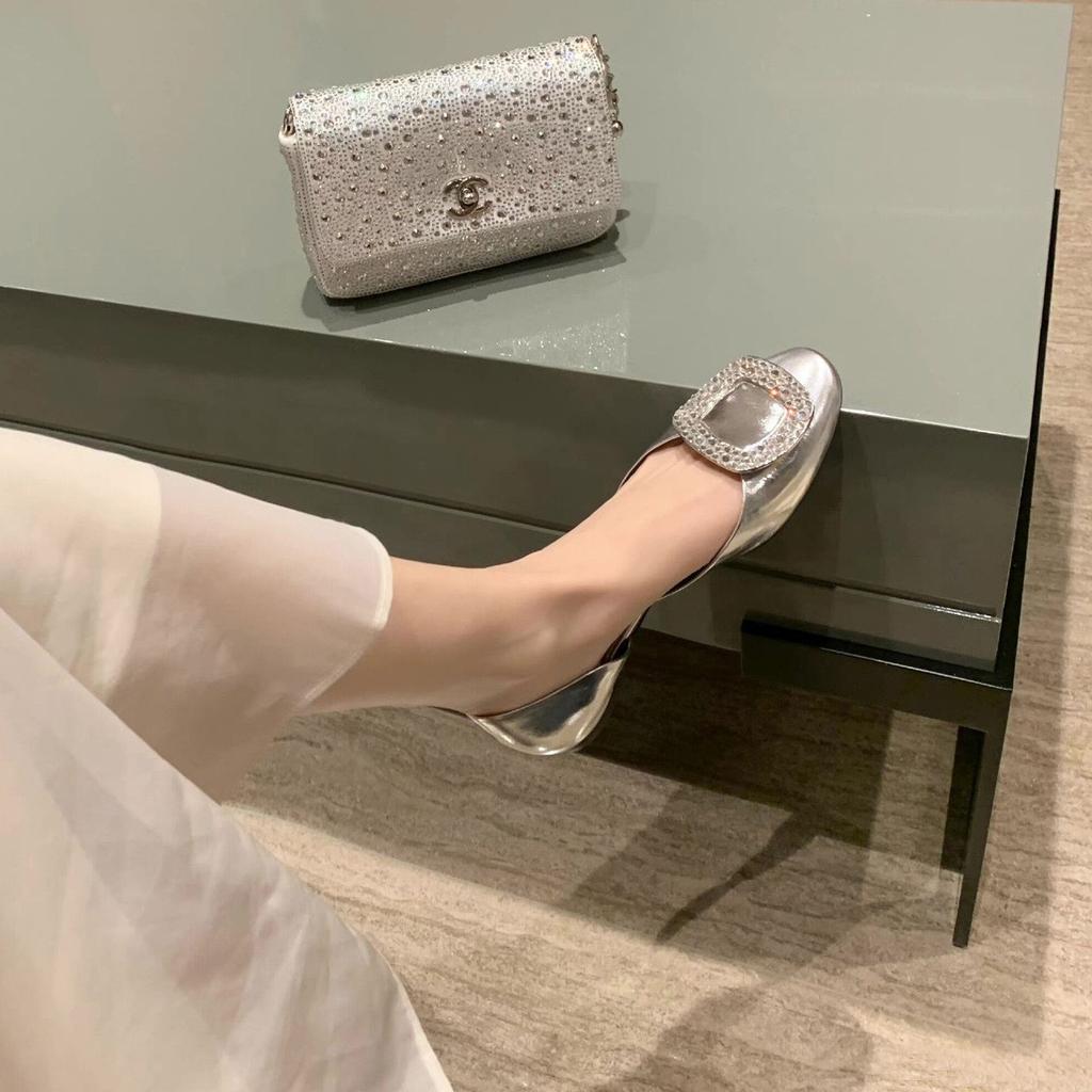 Spot Second Hair! Grape Mother Same Shoes French Rhinestone Square Buckle Satin Round Head Flat Bottom Hollow Commuting Single Shoes Women