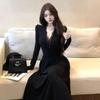 2026 Korean V-neck Lace Patchwork Long Sleeve Waist-Cinching Slim Dress - Spring/Autumn Socialite Style