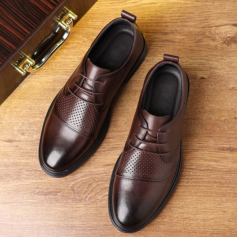 FashionMen's Dress Shoes Fashion Casual Cow Leather Hollowed Out Breathable Business Casual Lace-up Pointy Soft Soled Shoes for Men