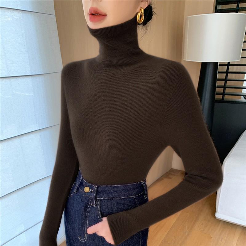 Women's Black Wool Semi-High Neck Base Layer Sweater - Soft, Comfortable, Slimming Fit for Autumn/Winter.
