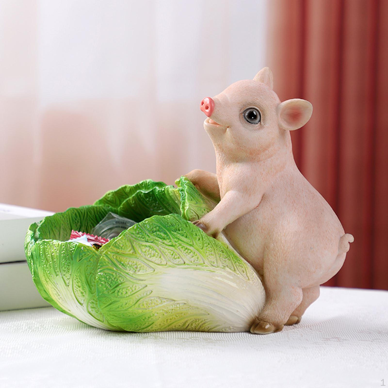 

Cartoon Pig Statue Cabbage Storage Tray Candy Dish Decoration Resin Sculpture Desktop Organizer for