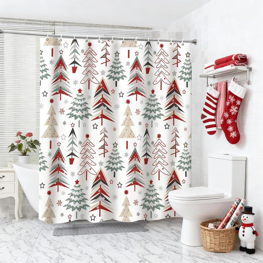 Christmas Shower Curtain 72X72 Inches Waterproof Washable Fabric With 12 Hooks Winter Holiday Xmas Tree Snowflake Bathroom Decor