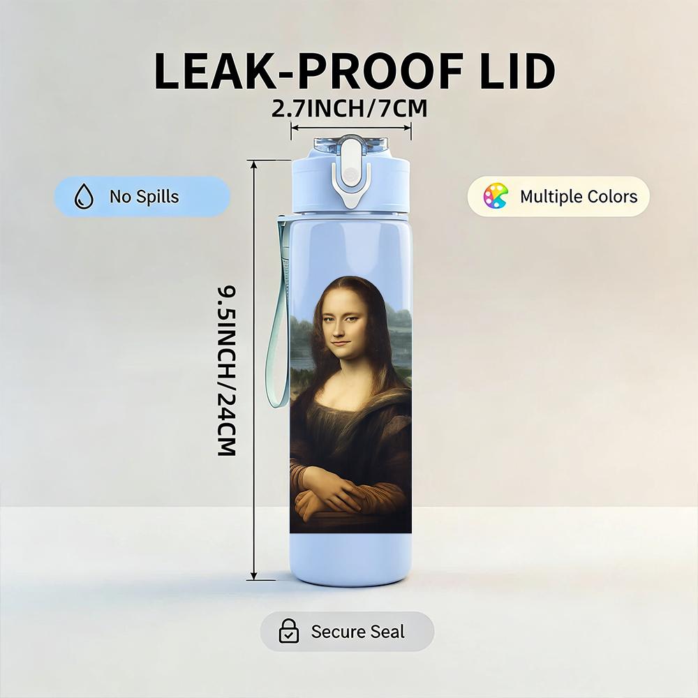 1PC Mona Lisa Classic Portrait 750ml Color Plastic Sports Water Bottle Leakproof Flip Straw Lid For Sports Office Home Use