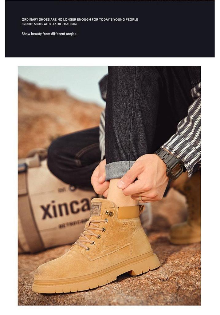 Men's Extra Large Yellow Martin Boots - Autumn/Winter Wear-Resistant Top Layer Cowhide Work Boots
