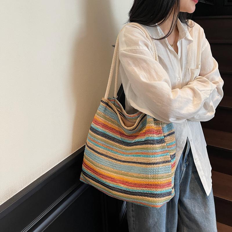 Seaside Vacation Straw Woven Bag Women's Large Capacity Rainbow Tote Bag Travel Commuter Shoulder Bag