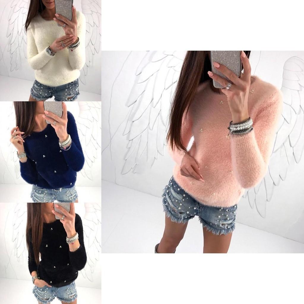 Elegant Women's Plush Beaded Sweater For Versatile Spring And Winter Wear
