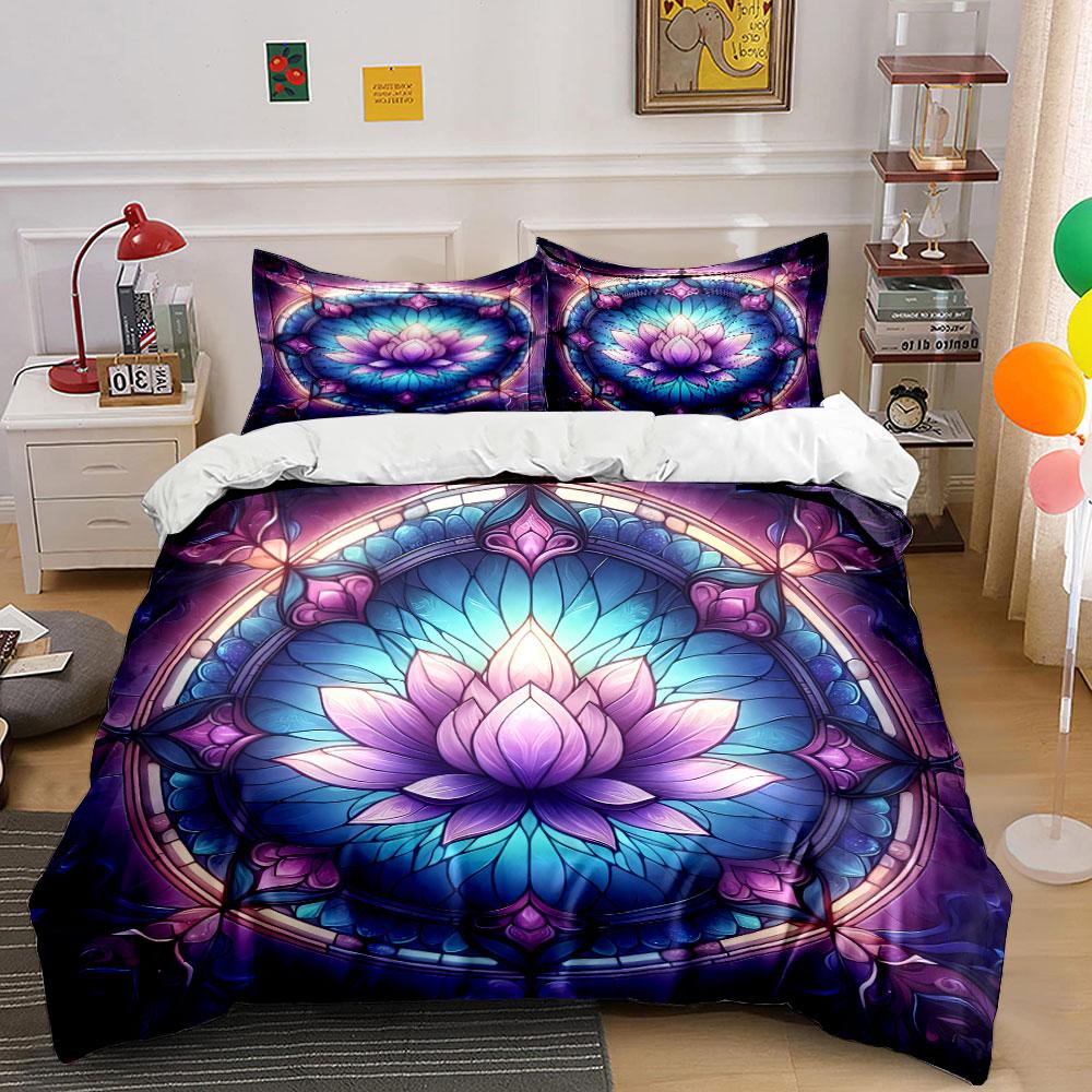 Colorful Mandala Lotus Decor Set Bedding Set with 1 Duvet Cover 2 Pillowcases Single Double King Queen, Gift