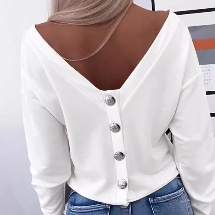 Tricou Tricotat cu Gât în V, Umeri Descoperiți și Detaliu Buton la Spate